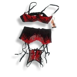 POPSI Lingerie 3 piece Embroidered Black and Red Balcony Bra Set size M NWT